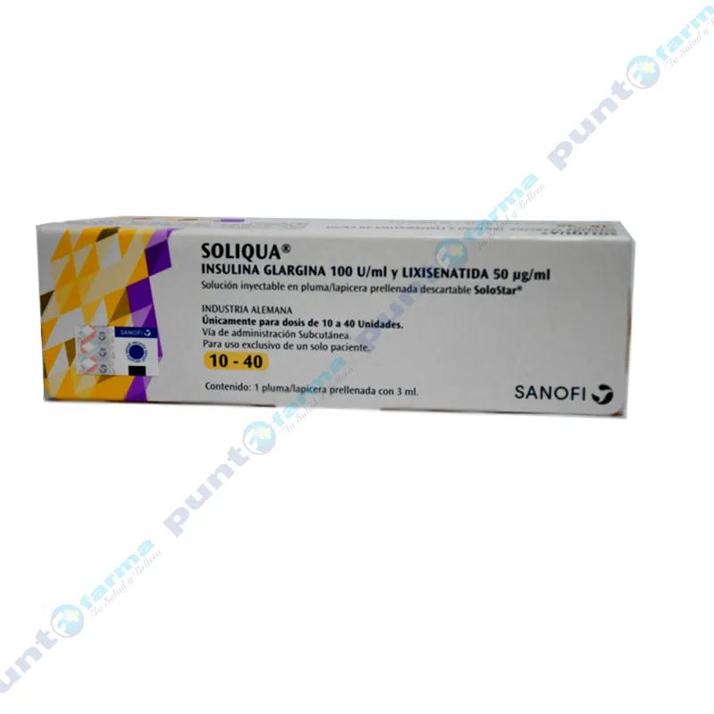 Soliqua 10-40 Insulina Glargina 100 U/ ml Lixisenatida 50 ug/ml - Caja de 1 Jeringa Prellenada