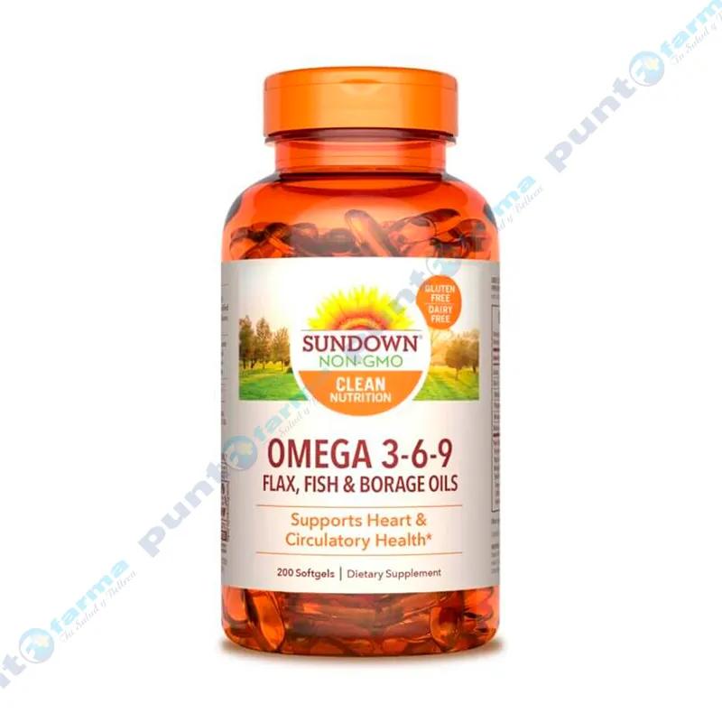 Omega 3-6-9 Flax, Fish y Borage Oils Sundown Naturals - Frasco de 200 cápsulas blandas