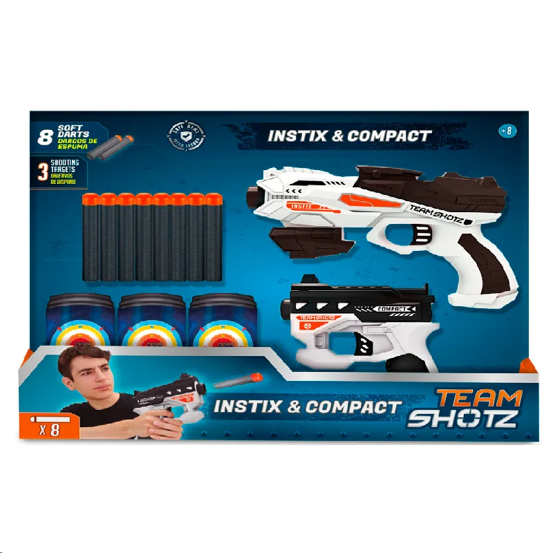 Set  Instix & Compact Pistola Lanza Dardos Full Impact TeamShotz  - Cont. 8 Dardos