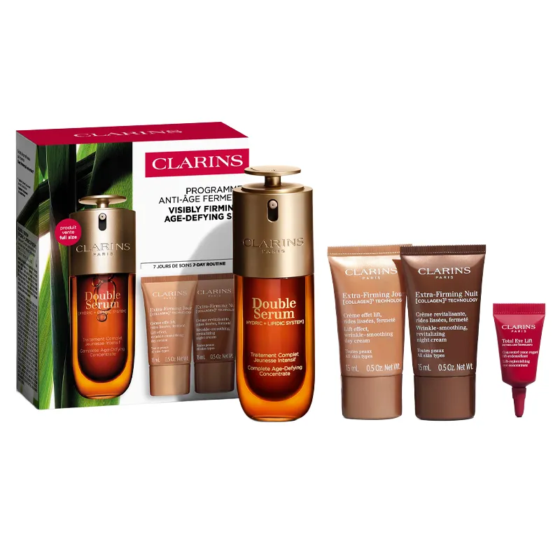 Serum 50 mL + Crema dia 15 mL + Crema Noche 15 mL + Tota Eyes 3 mL Clarins