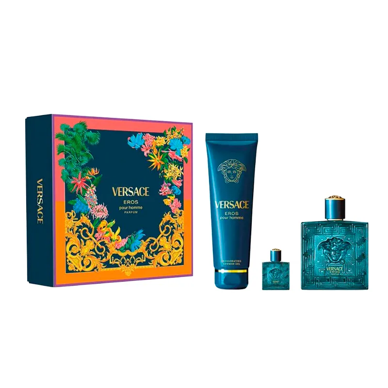 Set Eros Pour Homme Parfum 100 mL + Eau de Toilette 5 mL + Gel de Ducha 150 mL Versace