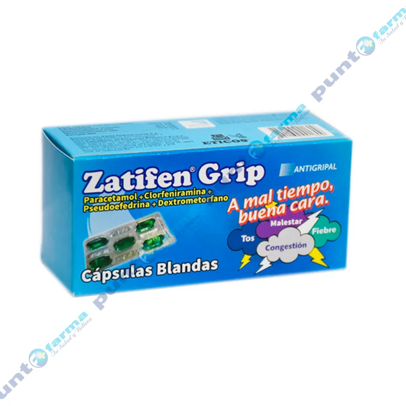 Zatifen Grip - Paracetamol Clorfeniramina Pseudoefedrina Dextrometorfano - Caja de 20 Cápsulas Blandas.