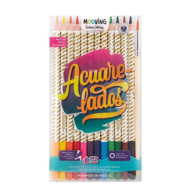 Lapices de 12 Colores Acuarelables Punta 3,3+1 Pincel Mooving