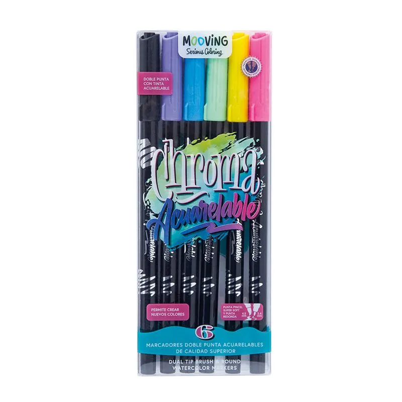 Brush Pen Largo Doble Punta 6 Colores Acuarelables Mooving