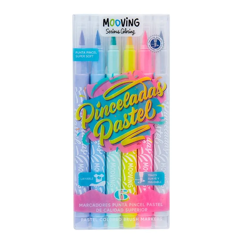 Brush Pen 6 Colores Pastel Punta Brocha Mooving