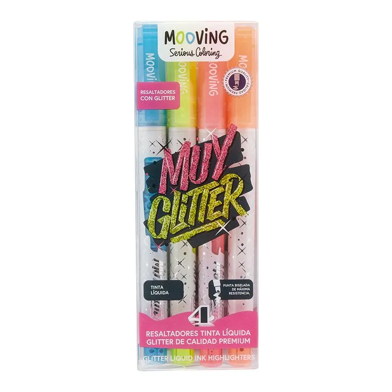 Resaltadores con Glitter de 4 Colores Mooving