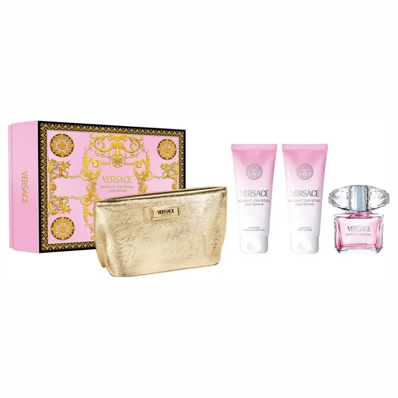 set bright crystal edt 100 ml  + gel de baño 100 ml + loción corporal 100 ml  + neceser versace