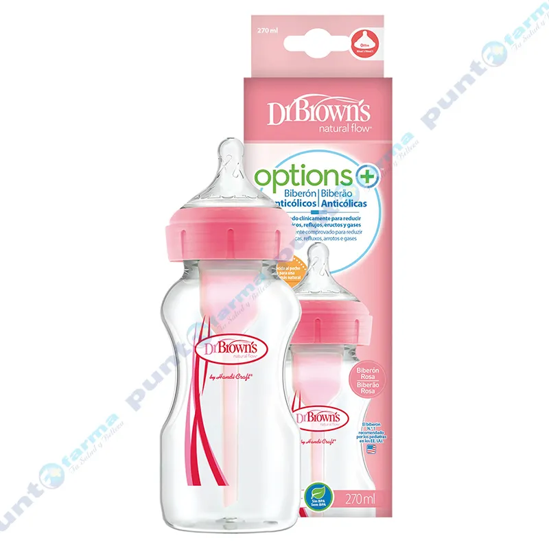 Dr. Brown's – Biberón de Transición con asas Options+ Boca ancha  Polipropileno 9oz 6m+ Rosado - Mamita y Yo