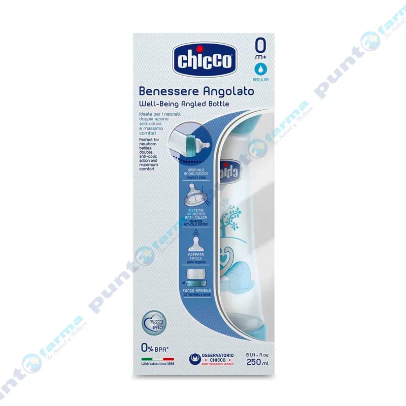 Biberón Benessere Angolato Azul Chicco silicona 0m+ - Cont.250mL