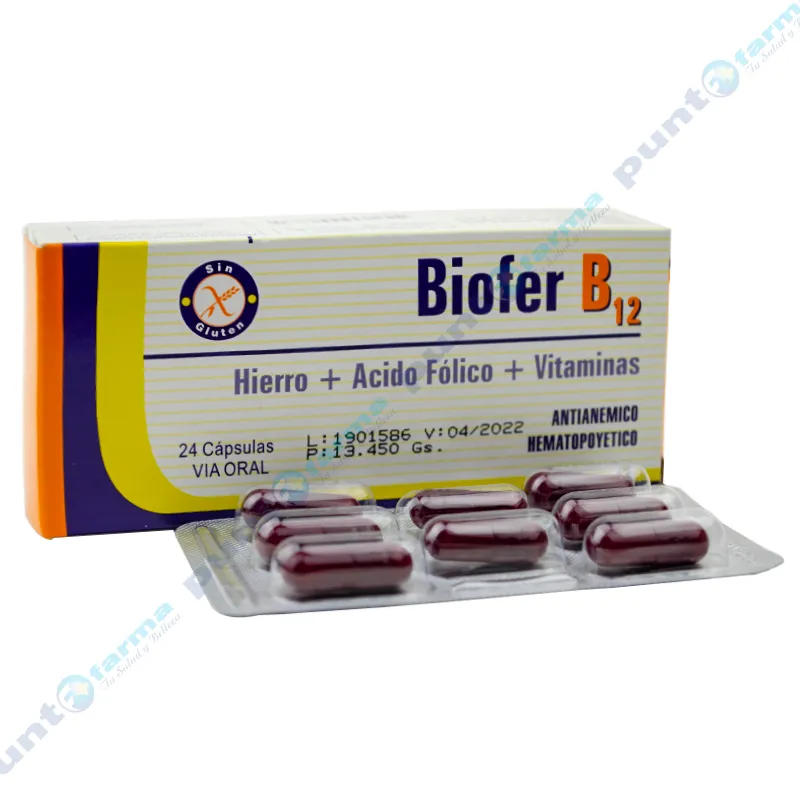 Biofer B12 Hierro Acido Folico - Caja de 24 cápsulas