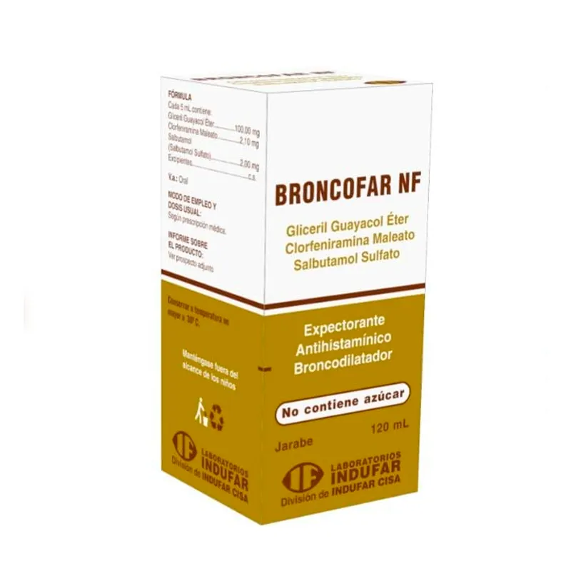 Broncofar Nf Jarabe - Gliceril Guayacol Éter Clorfeniramina Salbutamol – Frasco de 120 ml.