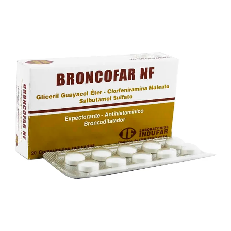 Broncofar NF - Salbutamol Clorfeniramina Éter gliceril guayacol - Caja de 20 Comprimidos Ranurados.