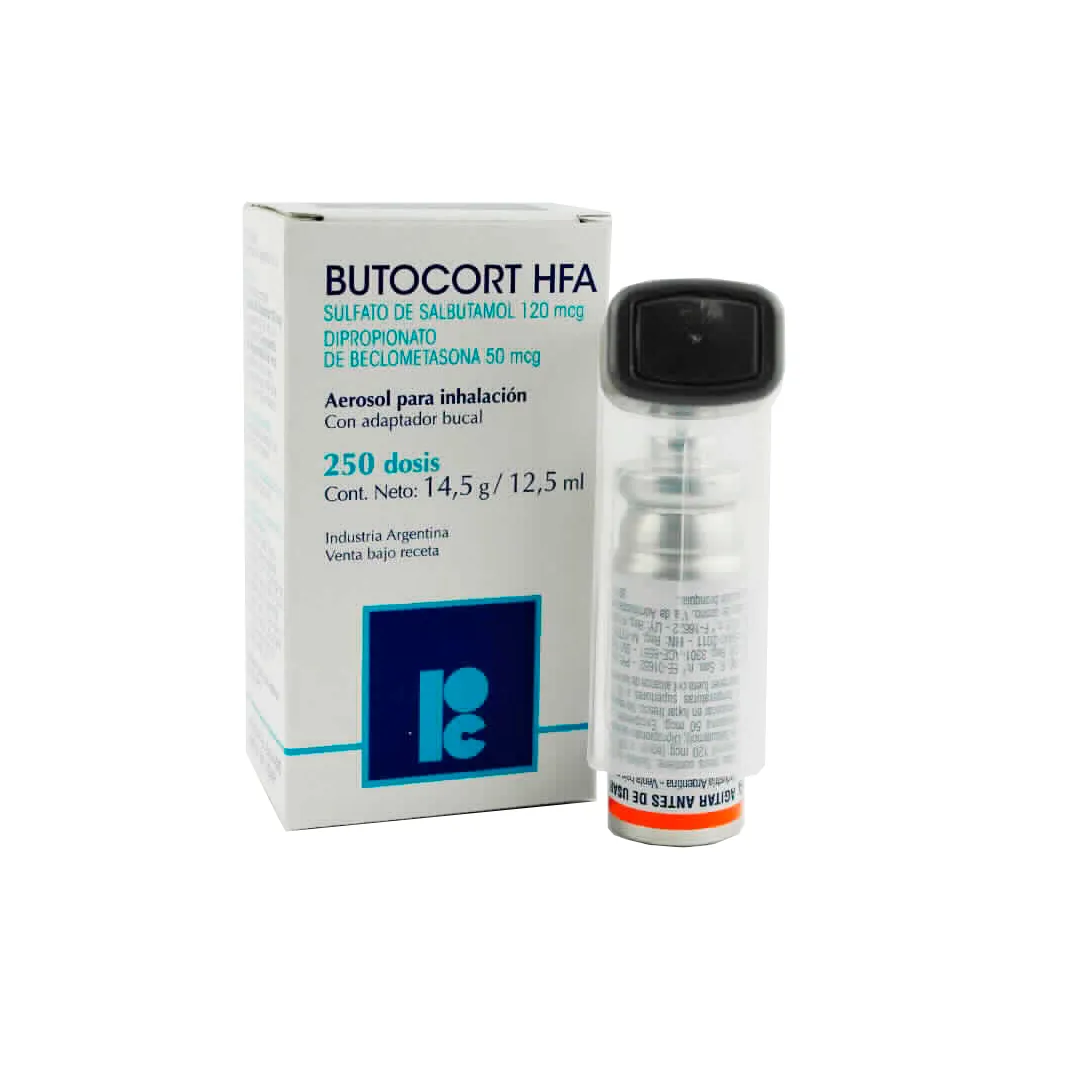 Butocort HFA Sulfato de Salbutamol 120 mcg + Dipropionato de Beclometasona 50 mcg - 250 Dosis.