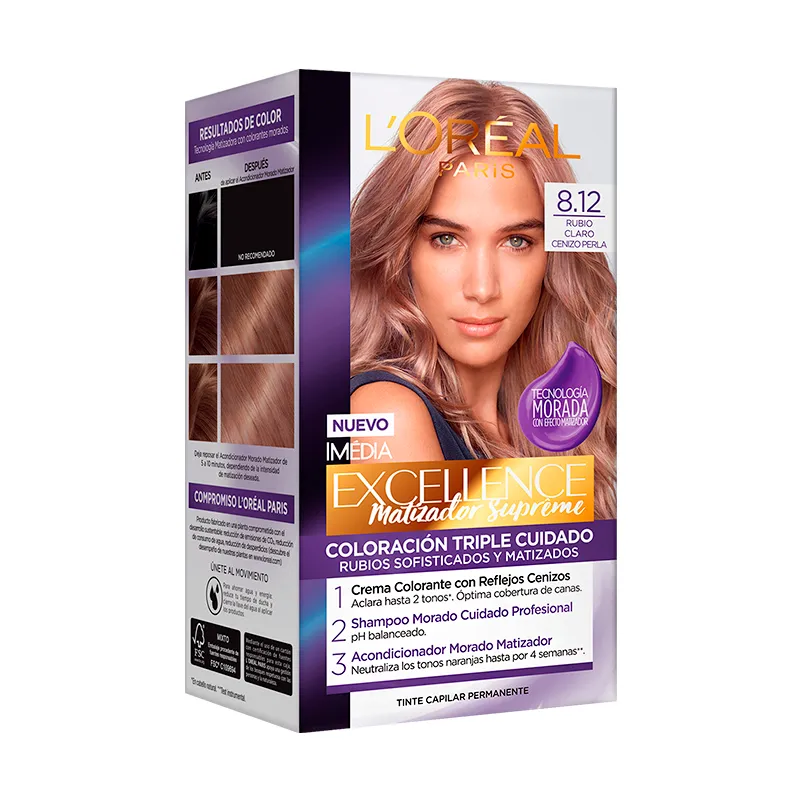 Coloración Excellence Rubio Claro Cenizo Perla Matizador Supreme Tono 8.12