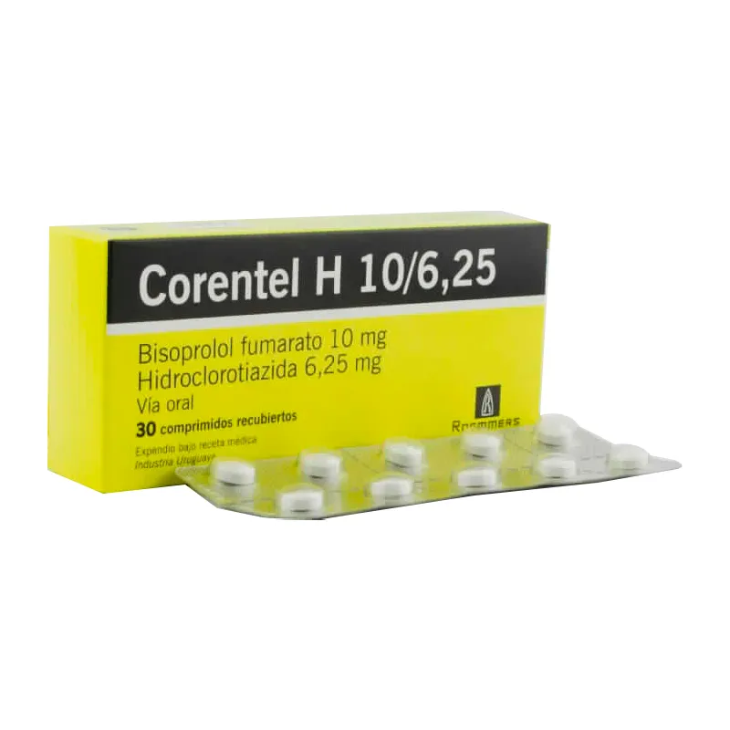 Image miniatura de Corentel-H-10-6-25-Bisoprolol-fumarato-10-mg-Hidroclorotiazida-6-25-mg-Caja-de-30-comprimidos-recubiertos-48155.webp