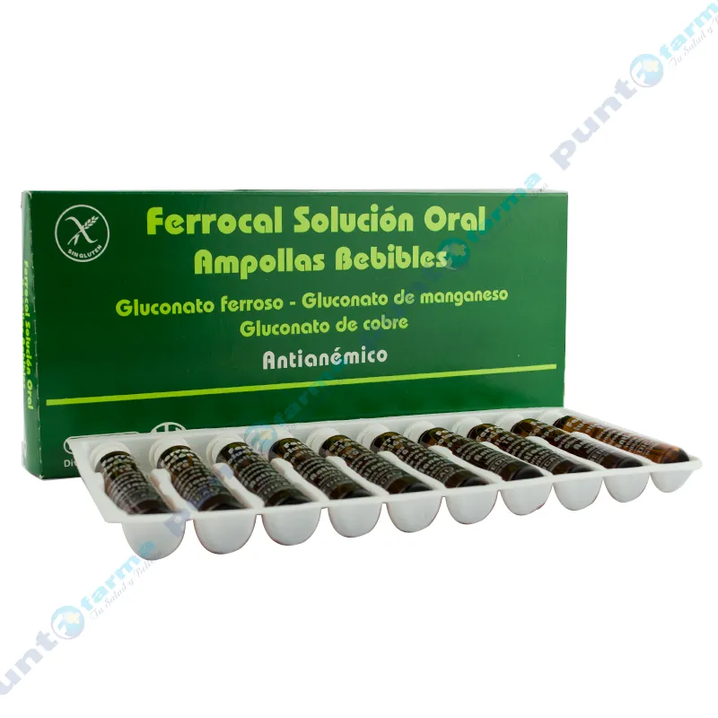 Ferrocal Gluconato Ferroso - Caja de 10 Ampollas Bebibles x 10 mL de Solución Oral.
