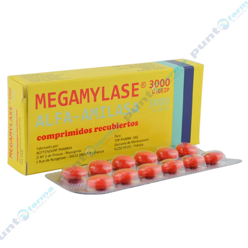 Megamylase 3000 U.CEIP Alfa-Amilasa - Caja de 24 Comprimidos Recubiertos.