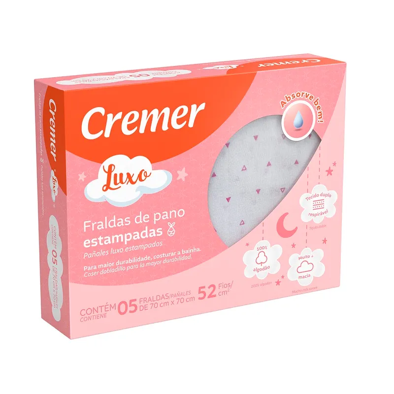 Pañal de Tela Reutilizable Estampado Rosa Cremer Luxo - Contiene 5 unidades