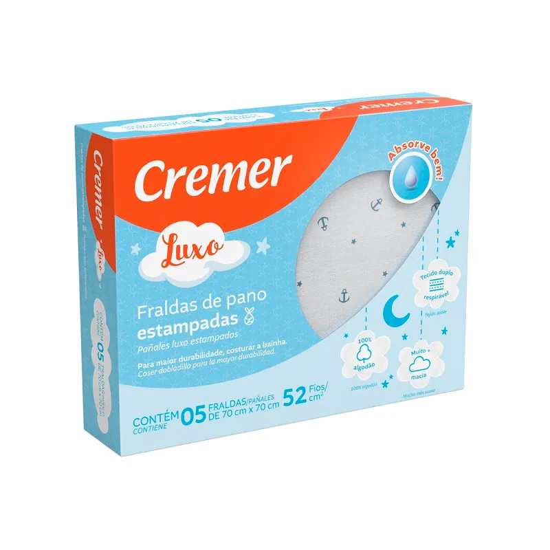 Pañal de Tela Reutilizable Estampados Azul Cremer Luxo - Contiene 5 unidades