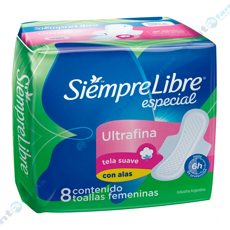 Toallas Femeninas Especial Ultrafina con Alas Siempre Libre - Cont. 8 unidades.